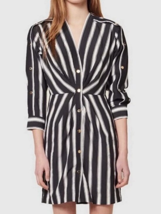 Sandro Paris Dresses & Skirts - Sandro Paris Black White Striped Shirt Dress Gold Buttons Size Small